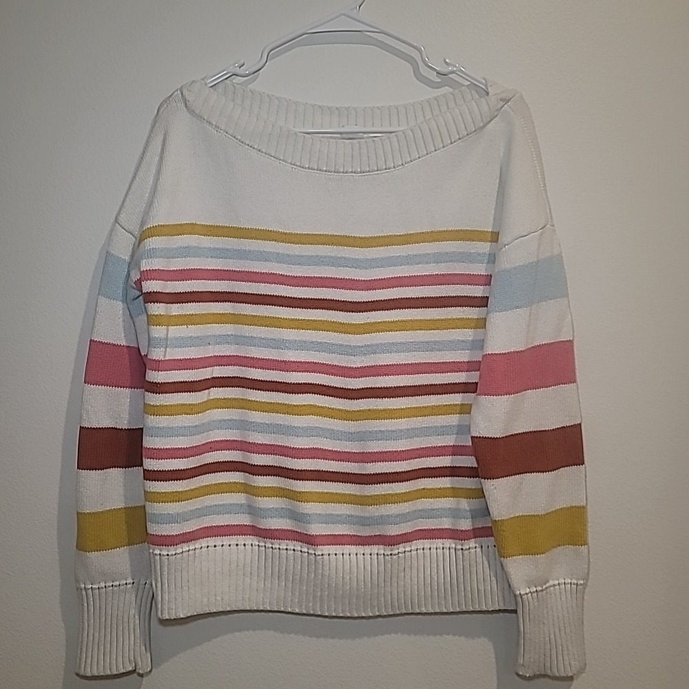 Gap Boat Neck Sweater M Stripes Long Sleeve Cream Cotton Casual Trendy Knit